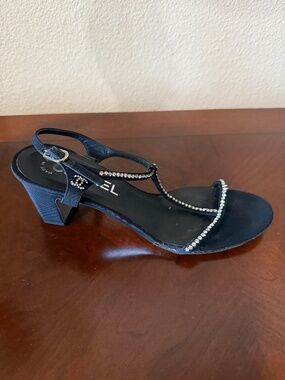 Chanel, size 5, black satin and rhinestone